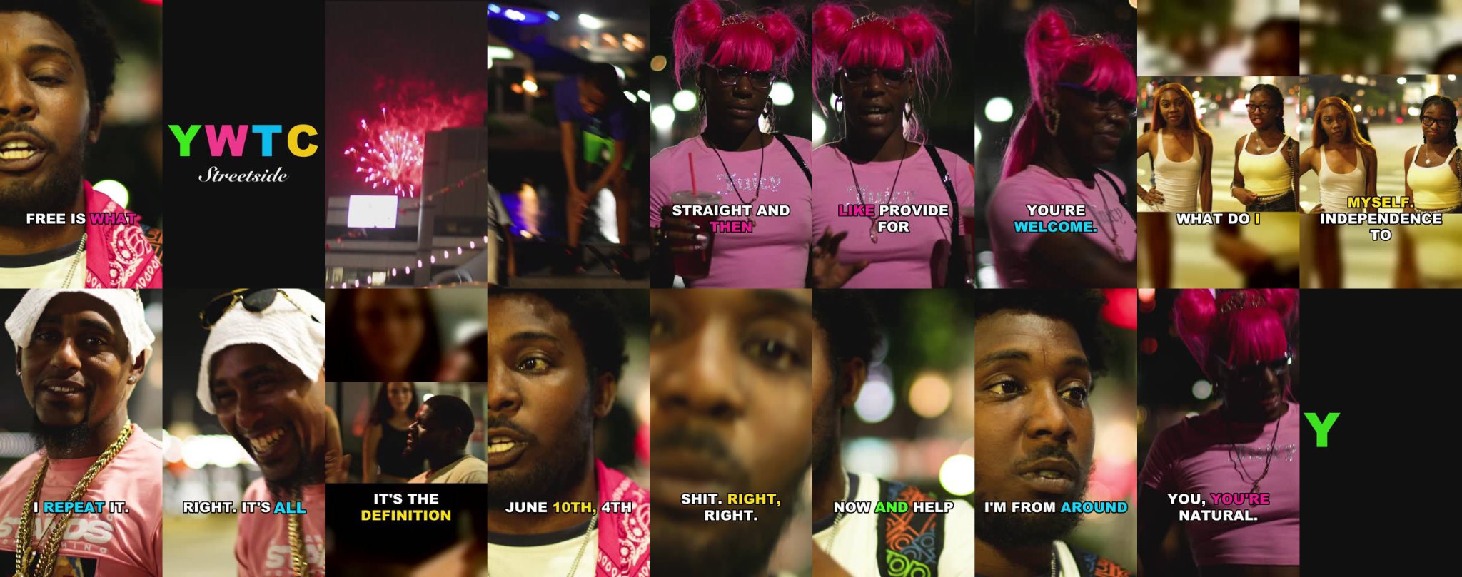 YWTC Streetside montage of nighttime interviews, fireworks and captioned video frames