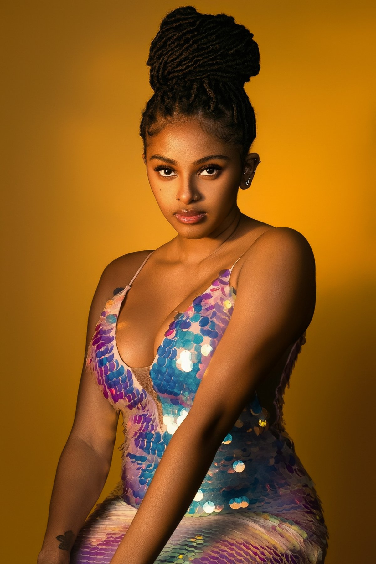 Studio portrait in a colorful sequin dress against a gold backdrop